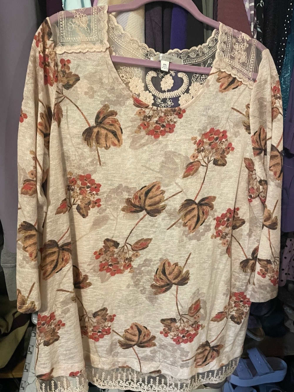 Lauren Conrad Women's Cream Floral Lace-Trim Long Sleeve Top
